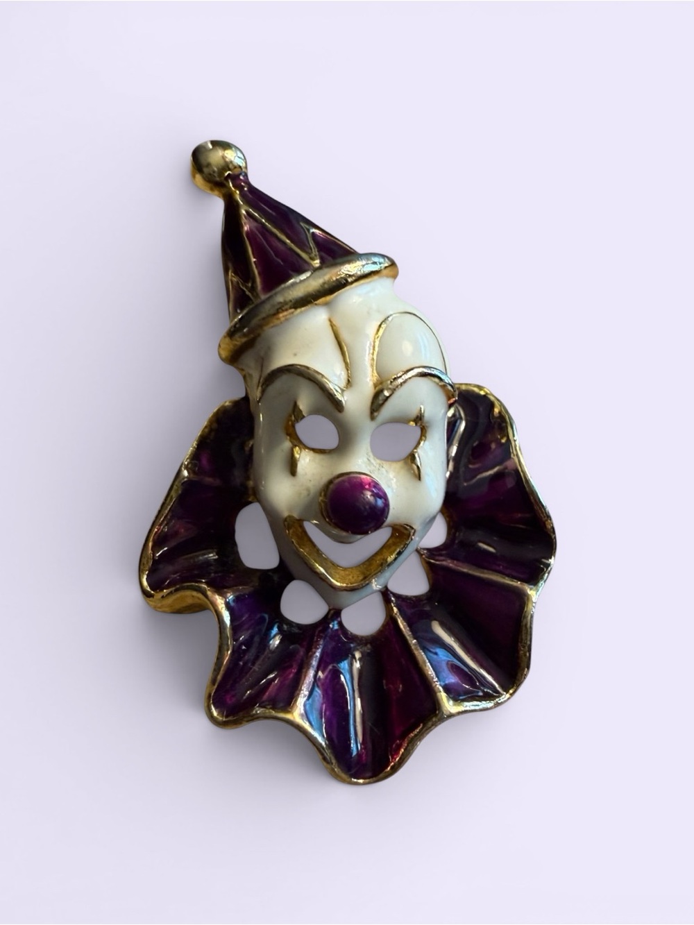 Enamel Clown Face Brooch in Purple and Cream